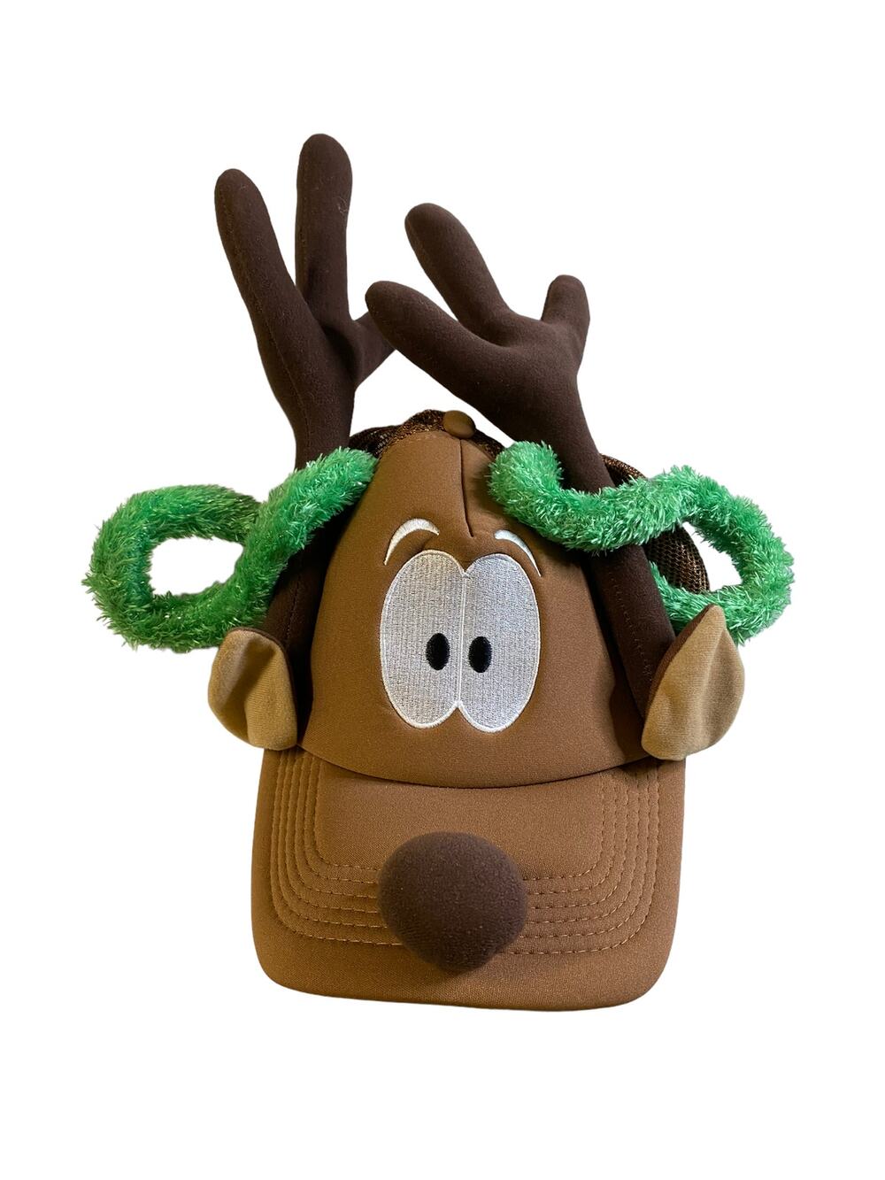 Hallmark Christmas REINDEER HAT Antlers Adjustable Snapback Cap Mesh Brown Green